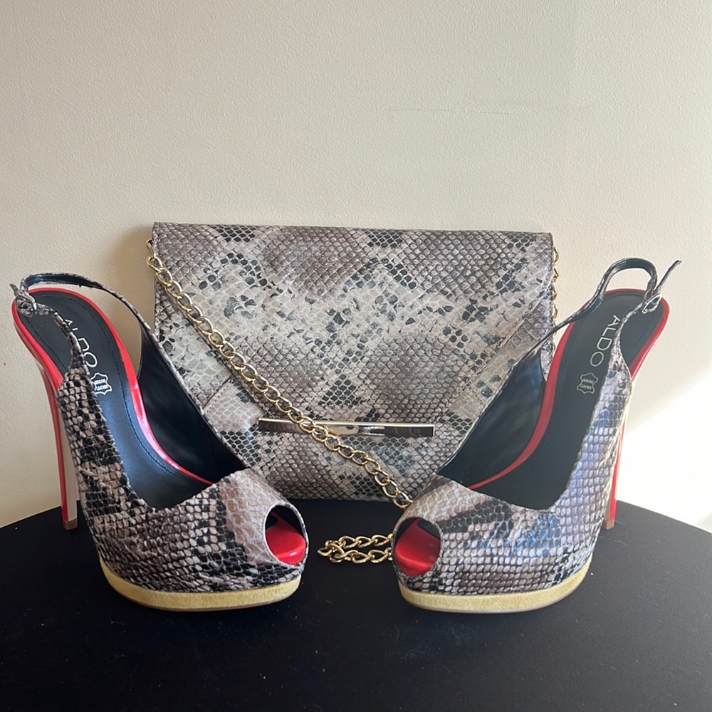 Aldo Platform Peep Toe Sling Back in Snakeskin w/ Red & Yellow w/ Clutch